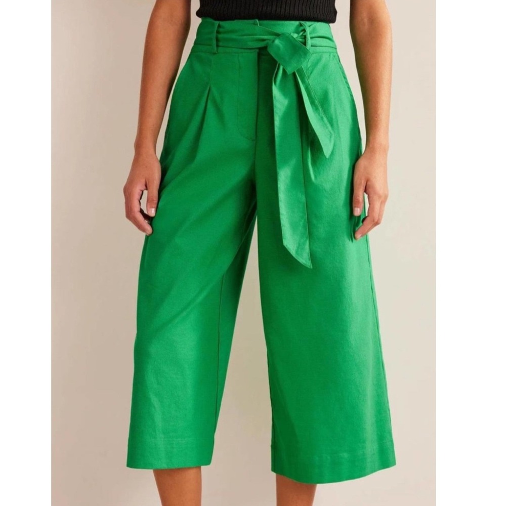 Boden Green Cotton Linen Blend Belted Wide Leg Culottes Trousers US 12 UK 16